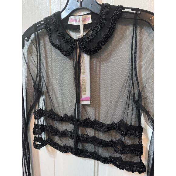 NWT Monique Leshman Black Sheer Scallop Beaded Crop Blouse Top Size S - Picture 4 of 7